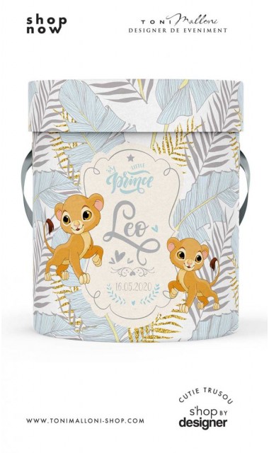 Cutie rotunda personalizata din mucava pentru trusou botez baieti Lion King 1